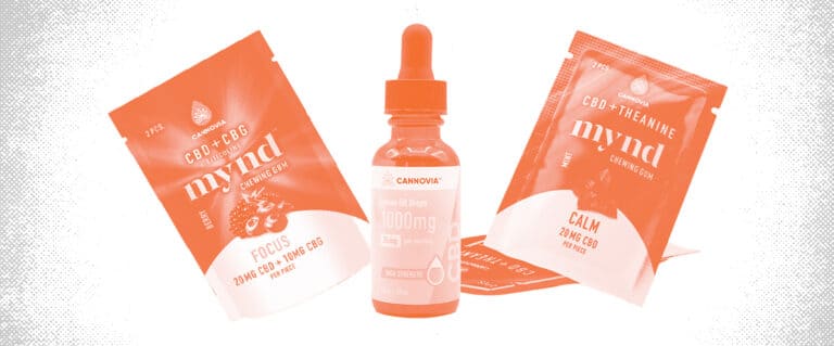 Photo of 3 Cannovia products: focus chewing gum, calm drops, and calm chewing gum